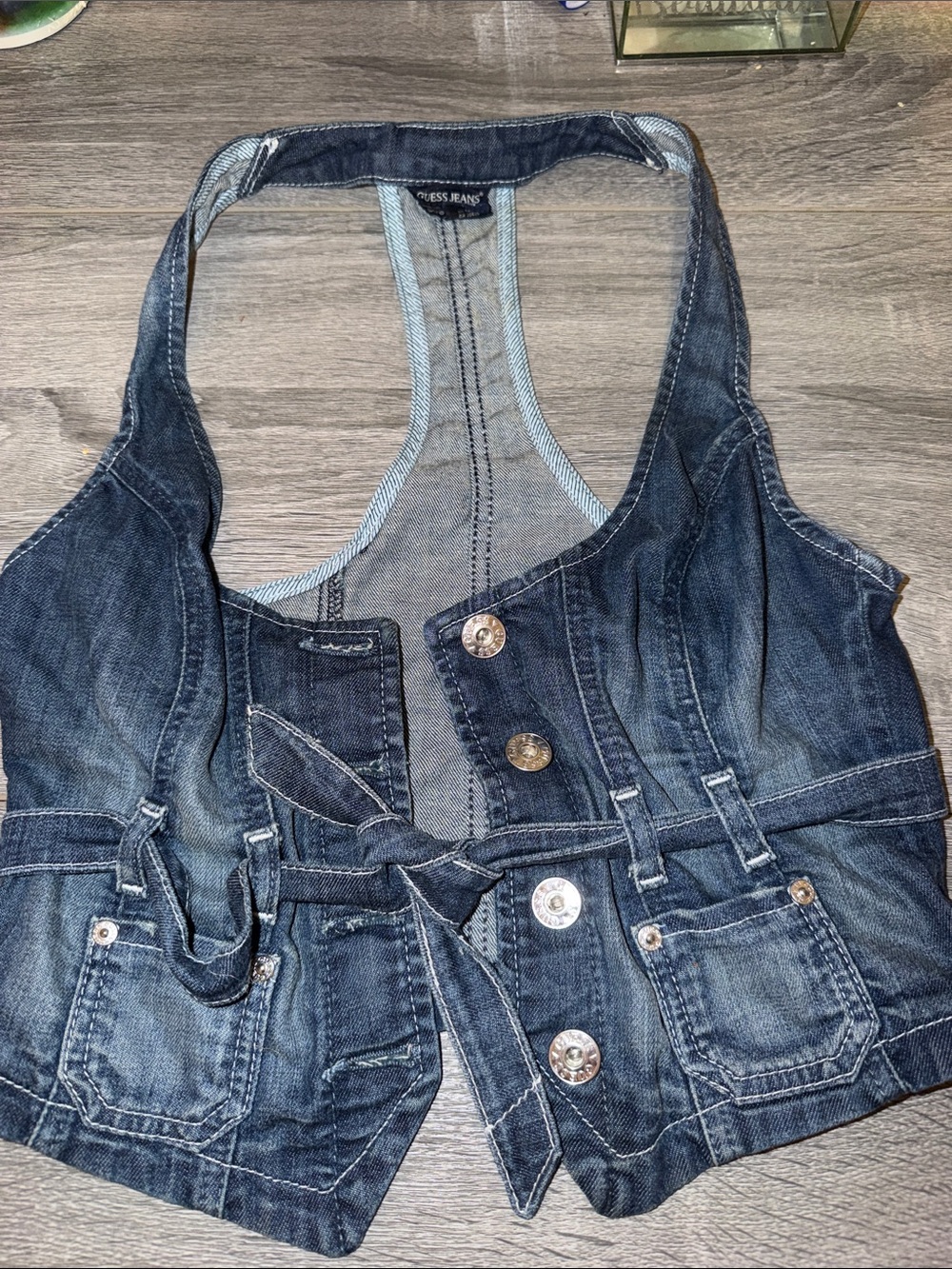 Guess Dark Blue Denim Cropped Vest with Tie Front